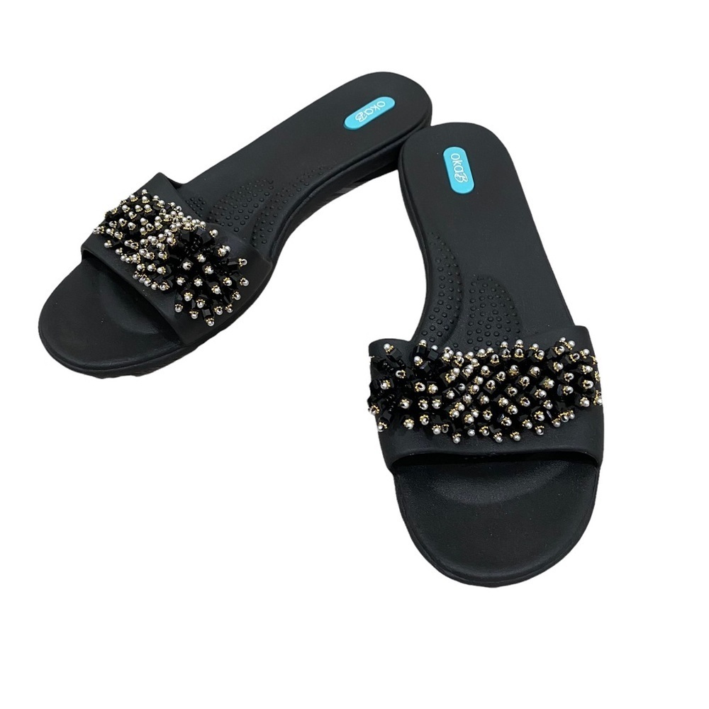 OKA B black Gaga Black gold Beaded embellished slide sandals sz LL 11 12